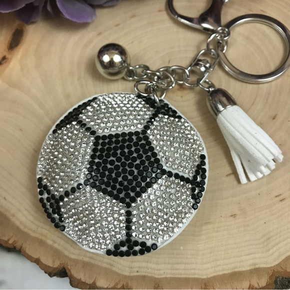Black & Silver Rhinestone Soccer Ball Charm & Tassel Keychain - Picture 3 of 6